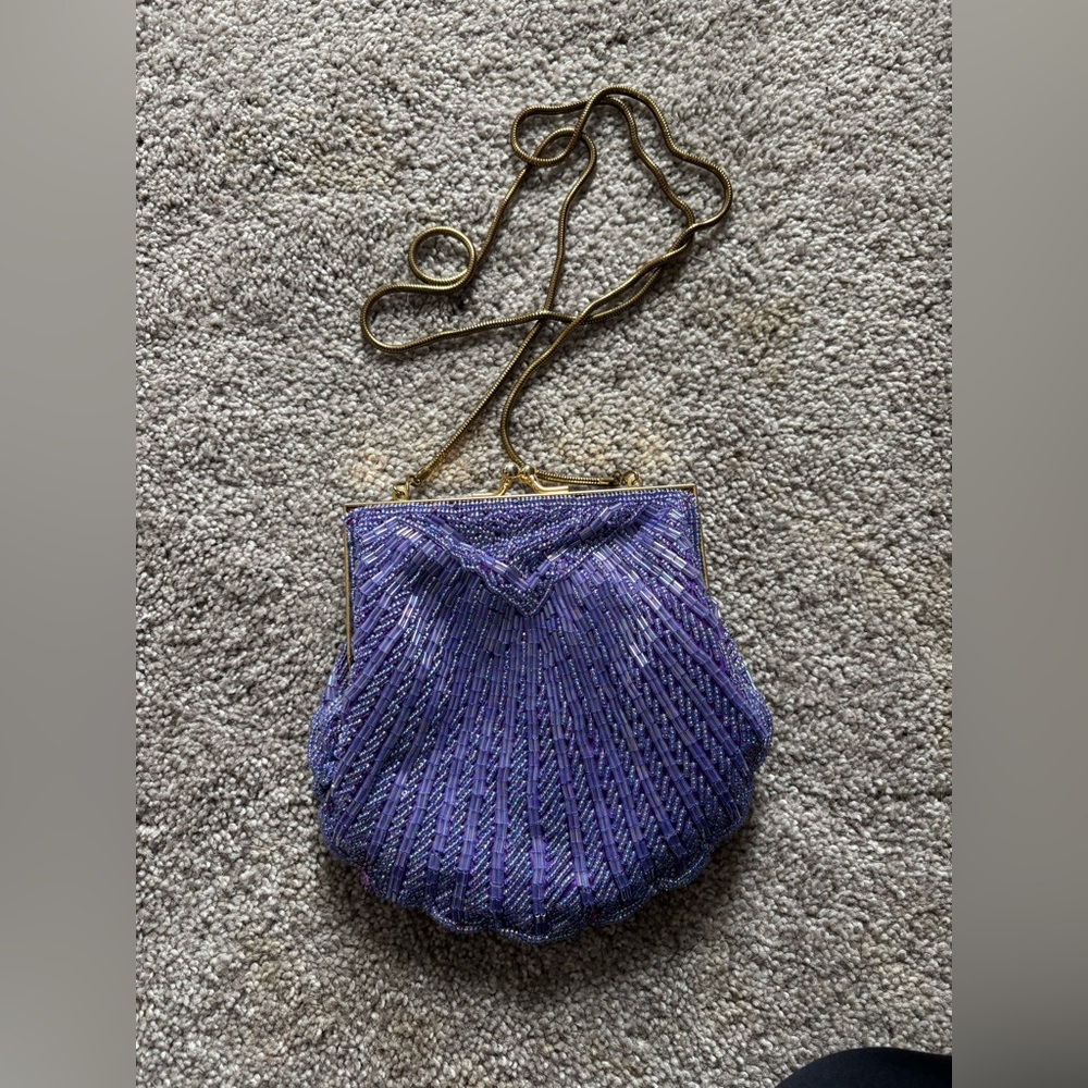 Lord and Taylor Vintage Beaded Sea Shell Crossbody Clutch Purple Purse